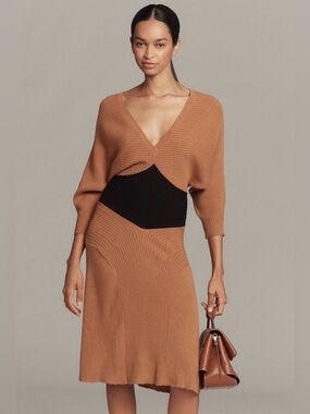 NWT Anthropologie Smocked Waist Ribbed Sweater Dress Burnt Orange Size M